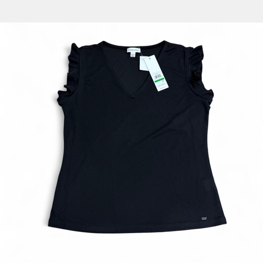 Calvin Klein Black V-Neck Ruffle Sleeve Blouse